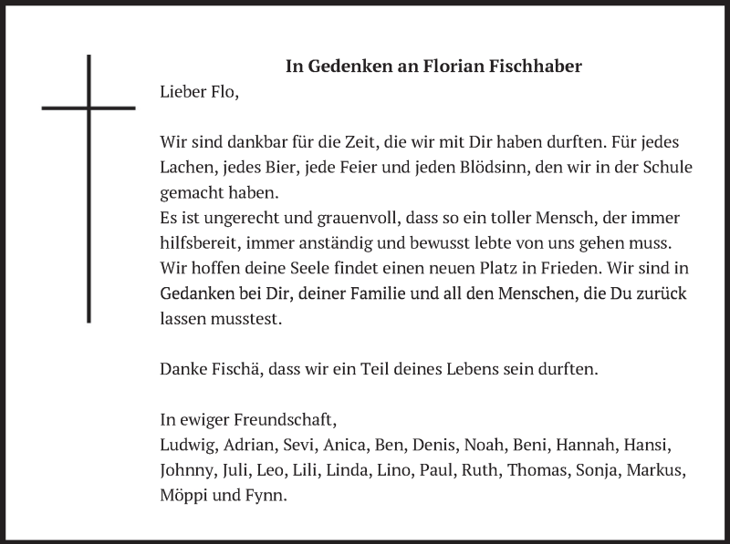  Traueranzeige für Florian Fischhaber vom 19.11.2016 aus merkurtz
