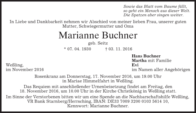  Traueranzeige für Marianne Buchner vom 11.11.2016 aus merkurtz