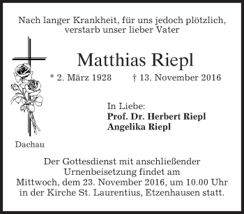 Traueranzeige von Matthias Riepl von merkurtz