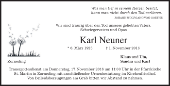Traueranzeige von Karl Neuner von merkurtz