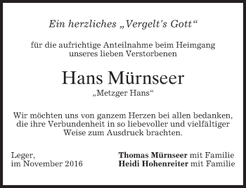 Traueranzeige von Hans Mürnseer von merkurtz