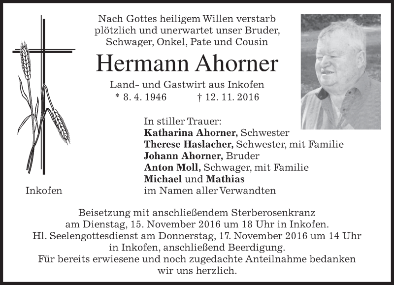 Traueranzeige für Hermann Ahorner vom 14.11.2016 aus merkurtz