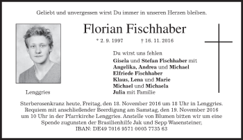 Traueranzeige von Florian Fischhaber von merkurtz