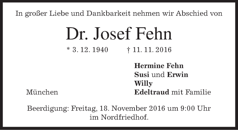  Traueranzeige für Josef Fehn vom 16.11.2016 aus merkurtz