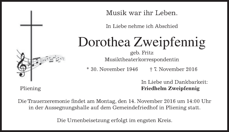  Traueranzeige für Dorothea Zweipfennig vom 12.11.2016 aus merkurtz