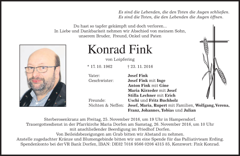  Traueranzeige für Konrad Fink vom 25.11.2016 aus merkurtz