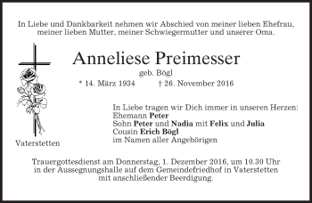 Traueranzeige von Anneliese Preimesser von merkurtz