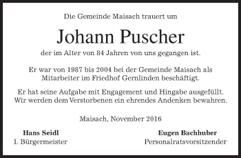 Traueranzeige von Johann Puscher von merkurtz