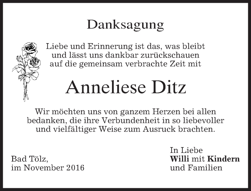  Traueranzeige für Anneliese Ditz vom 19.11.2016 aus merkurtz