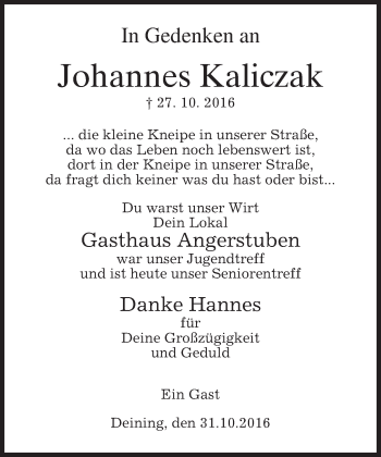 Traueranzeige von Johannes Kaliczak von merkurtz