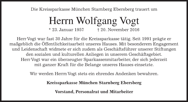 Traueranzeige für Wolfgang Vogt vom 23.11.2016 aus merkurtz