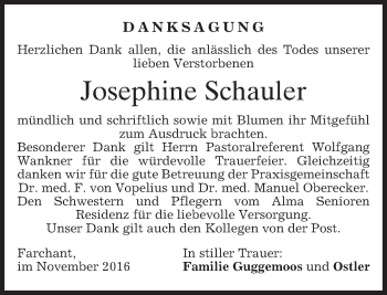Traueranzeige von Josephine Schauler von merkurtz