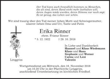 Traueranzeige von Erika Rinner von merkurtz