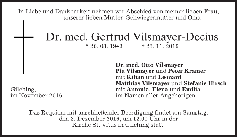  Traueranzeige für Gertrud Vilsmayer-Decius vom 30.11.2016 aus merkurtz
