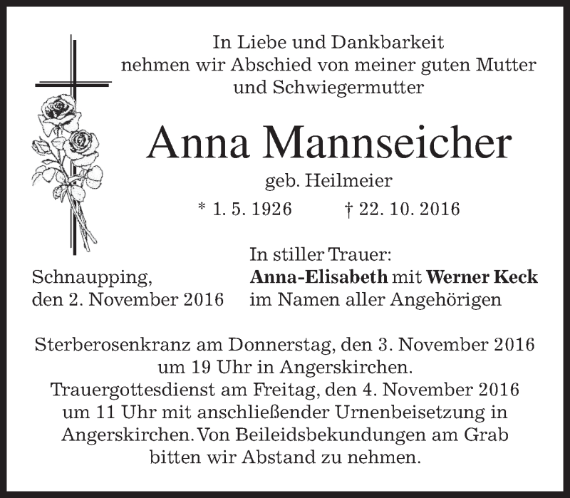  Traueranzeige für Anna Mannseicher vom 02.11.2016 aus merkurtz