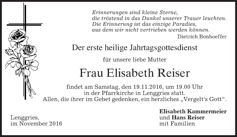 Traueranzeigen von Elisabeth Reiser | trauer.merkur.de