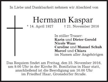 Traueranzeige von Hermann Kaspar von merkurtz