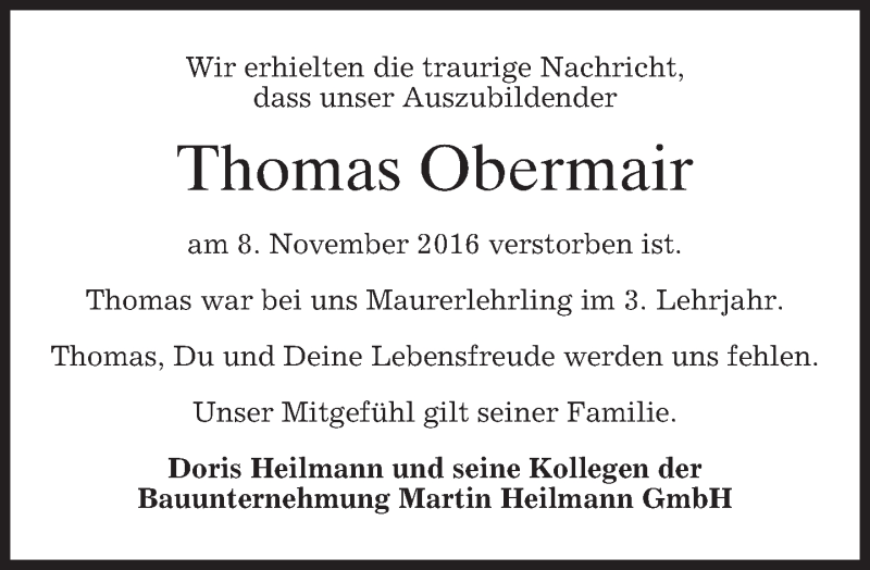  Traueranzeige für Thomas Obermair vom 10.11.2016 aus merkurtz