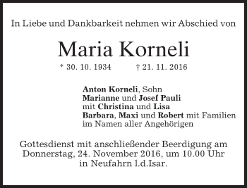 Traueranzeige von Maria Korneli von merkurtz