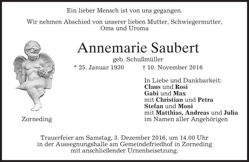 Traueranzeige für Annemarie Sautiert vom 26.11.2016 aus merkurtz