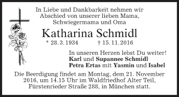 Traueranzeige von Katharina Schmidl von merkurtz