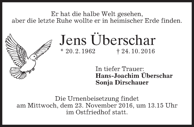  Traueranzeige für Jens Uberschar vom 12.11.2016 aus merkurtz