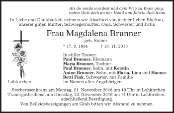 Traueranzeige von Magdalena Brunner von merkurtz