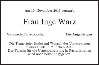 Traueranzeige von Inge Warz von merkurtz