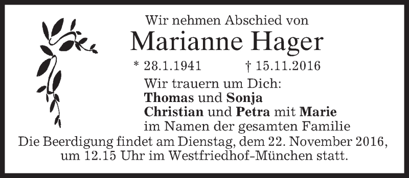  Traueranzeige für Marianne Hager vom 19.11.2016 aus merkurtz