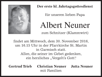 Traueranzeige von Albert Neuner von merkurtz