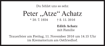 Traueranzeige von Peter Achatz von merkurtz