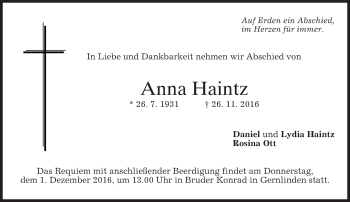 Traueranzeige von Anna Haintz von merkurtz
