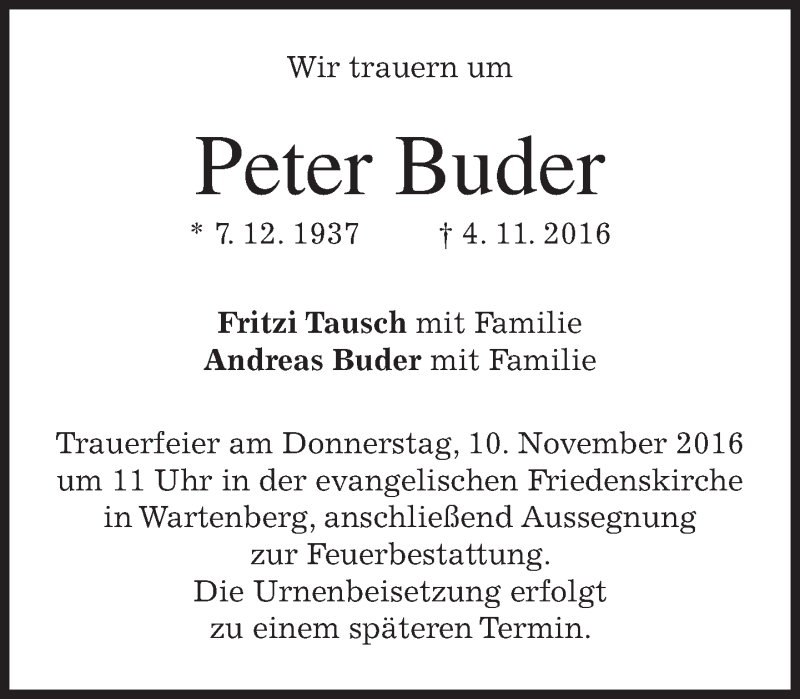  Traueranzeige für Peter Buder vom 07.11.2016 aus merkurtz