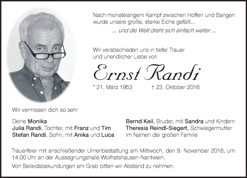  Traueranzeige für Ernst Randi vom 05.11.2016 aus merkurtz
