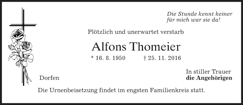  Traueranzeige für Alfons Thomeier vom 30.11.2016 aus merkurtz