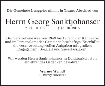 Traueranzeige von Georg Sanktjohanser von merkurtz