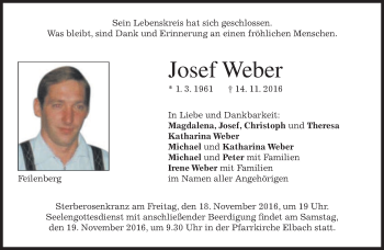 Traueranzeige von Josef Weber von merkurtz