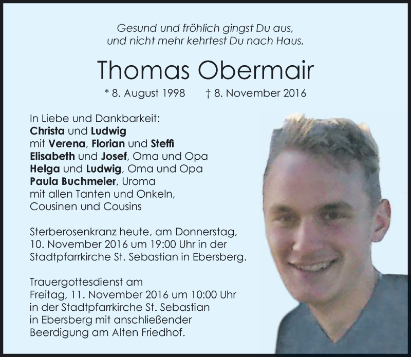  Traueranzeige für Thomas Obermair vom 10.11.2016 aus merkurtz