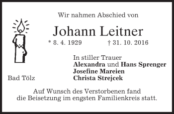 Traueranzeige von Johann Leitner von merkurtz