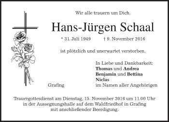 Traueranzeige von Hans-Jürgen Schaal von merkurtz