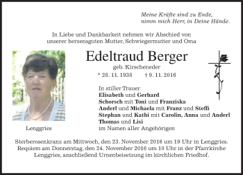 Traueranzeige von Edeltraud Berger von merkurtz