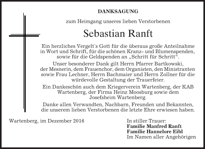  Traueranzeige für Sebastian Ranft vom 24.12.2016 aus merkurtz