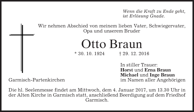  Traueranzeige für Otto Braun vom 31.12.2016 aus merkurtz