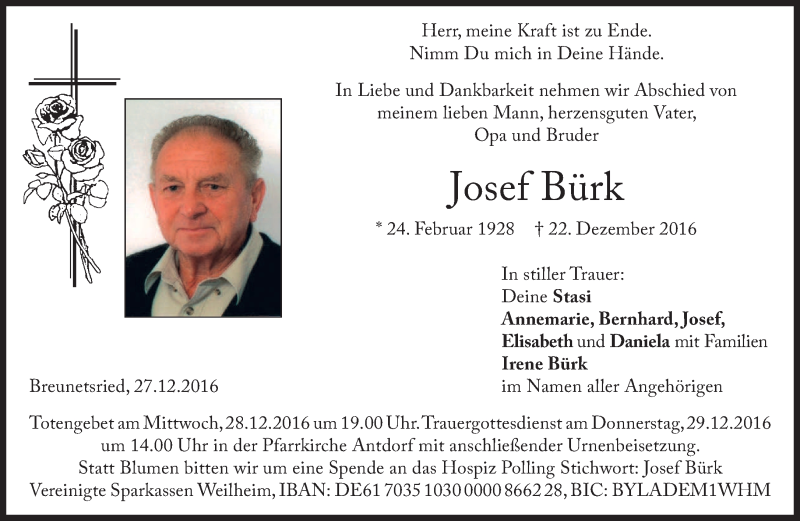  Traueranzeige für Josef Bürk vom 27.12.2016 aus merkurtz