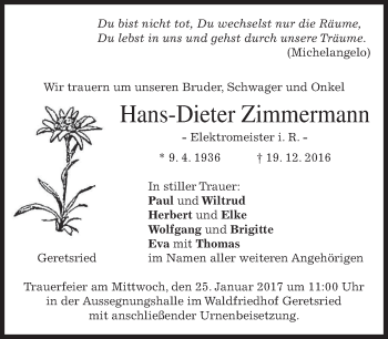 Traueranzeige von Hans-Dieter Zimmermann von merkurtz