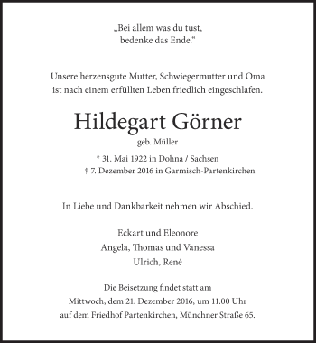 Traueranzeige von Hildegart Görner von merkurtz