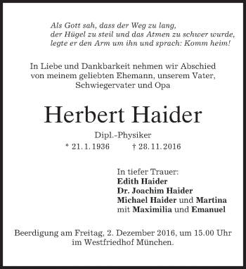 Traueranzeige von Herbert Haider von merkurtz