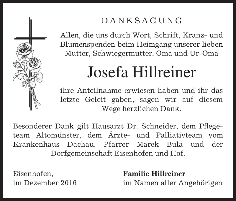  Traueranzeige für Josefa Hillreiner vom 17.12.2016 aus merkurtz