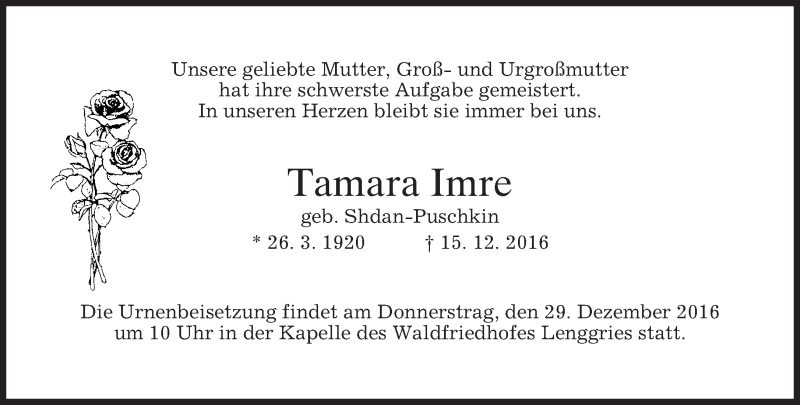  Traueranzeige für Tamara Imre vom 21.12.2016 aus merkurtz