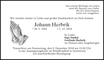 Traueranzeige von Johann Herbrik von merkurtz